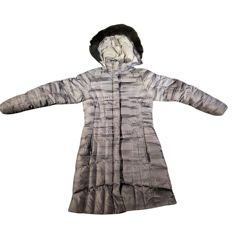 Eddie Bauer Printed Puffer Parka Goose Down Faux Fur Jacket Gray Womens Size S